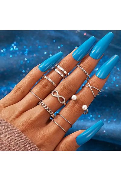 Perry Accesories 7 Pieces of Gothic Style Teddy Bear and Butterfly Figure Snake and Flower Motif Adjustable Set Ring Combination