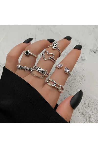 Perry Accesories 7 Pieces Gothic Style Teddy Bear and Butterfly Figured Snake and Flower Motif Adjustable Set Ring Set-303
