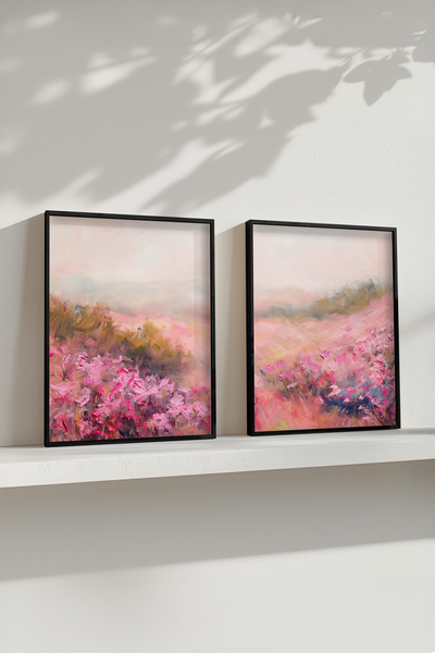 STARYUNA Set de 2 picturi cu efect de vopsea în ulei, flori roz, cadru din le...