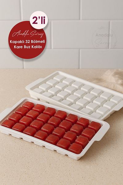 Anadolu Saray 2 Pieces Practical Lid 32 Compartment Square Ice Mold |   32 Pieces Square Model Large Size Ice Mold with Lid