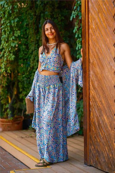 Miss Boheme Pink Color Silk Pants Crop Kimono Triple Set