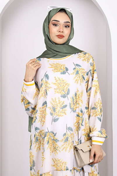 İmajButik Mustard Patterned Chiffon Dress