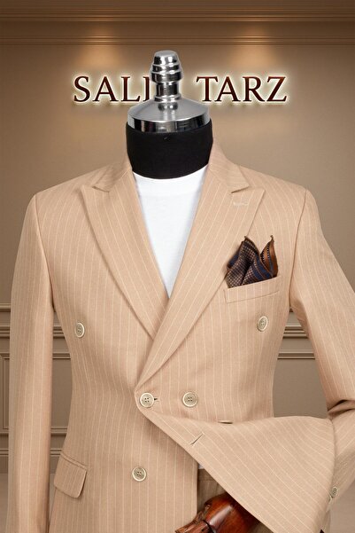 Salihtarzz Takım Elbise Kruvaze SlimFit Krem Çizgili SD42178