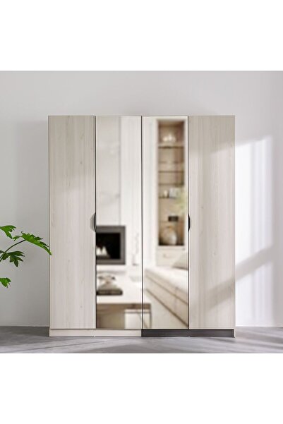 Danube Home Pletora 4 Door Wardrobe W/ 2 Mirrors - Grey Oak L181.6xW59.6xH216cm