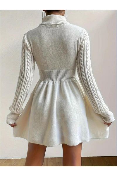 modamtn Women's Long Sleeve Turtleneck Waistline Short Knitwear Dress with Gathered Waistline