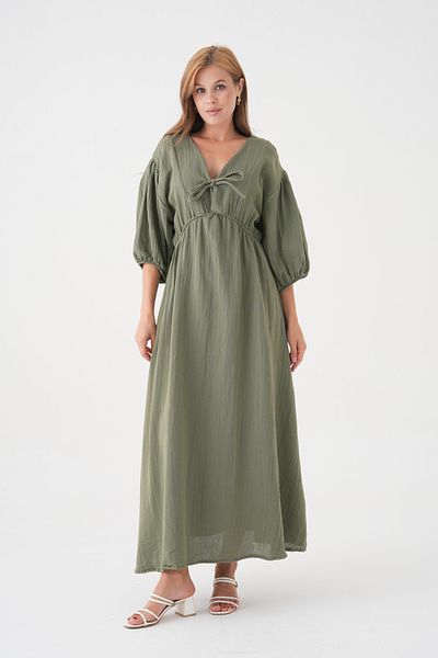 Butik 100% Cotton V-Neck Muslin Fabric Elastic Waist Rope Detailed Short Sleeve Dress Mg-2025
