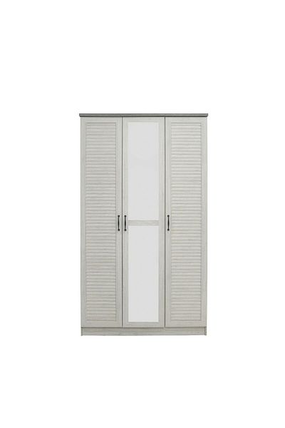 Danube Home Zenith 3 Door Wardrobe with Drawers & Mirror - White Oak/Cement L120xW55xH210cm