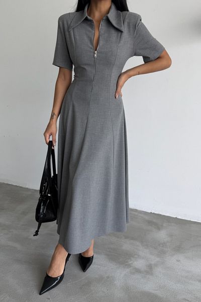 modamtn Polyviscos Dress Short Sleeve with Collar and Zipper Detail - Gray