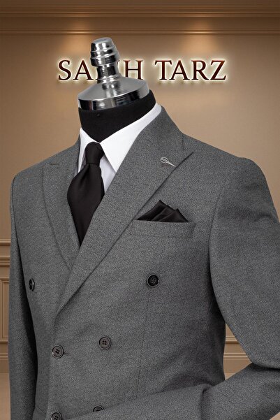 Salihtarzz Takım Elbise Kruvaze SlimFit Gri Çizgili SD42175