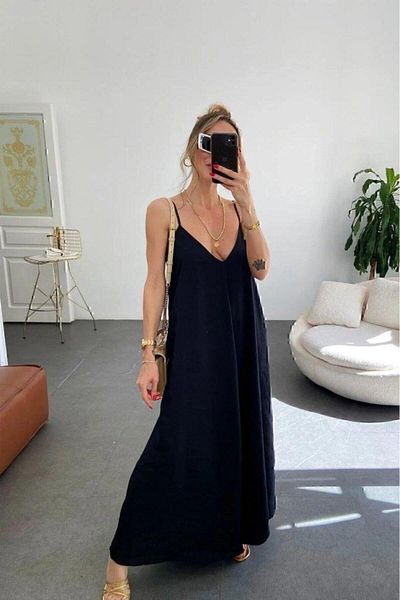 MODA Women's Long Aerobin Dress with Rope Strap and V-Neck
