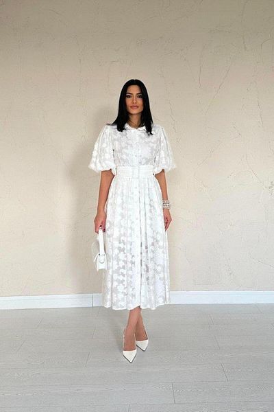 modamtn Ecru Belted Balloon Sleeve Dress