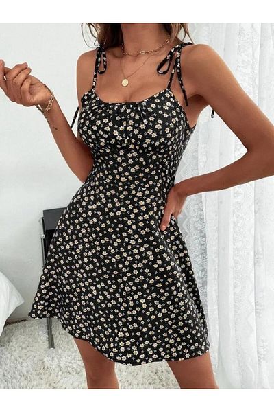 Sisa Butik Rochie de damă cu bretele și șireturi pe umeri cu imprimeu floral