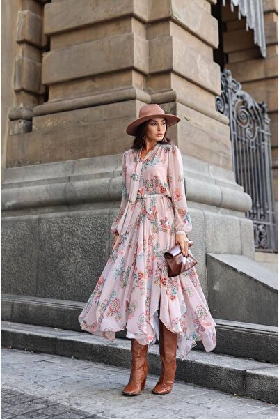 MSN İthal İçi Astar Elbiseli Asimetrik Şifon Elbise-Kemer Dahildir-Pembe-WW2718