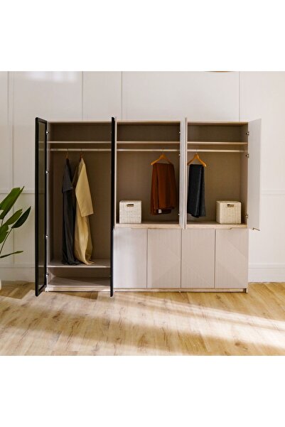Danube Home Grand 6 Door Wardrobe with 2 Glass Doors and LED - Soft Beige L263.8xW55.4xH222cm