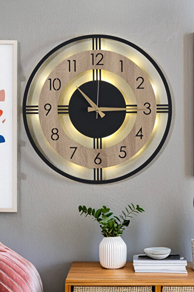 LUPOKRAFT Dekoratif Yeni Modern Mintaka Siyah Meşe Led Ahşap Duvar Saati 48cm