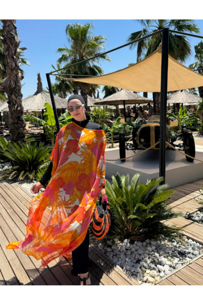 QYMOS PRIVE Tropical Patterned Chiffon Orange Pareo Kaftan