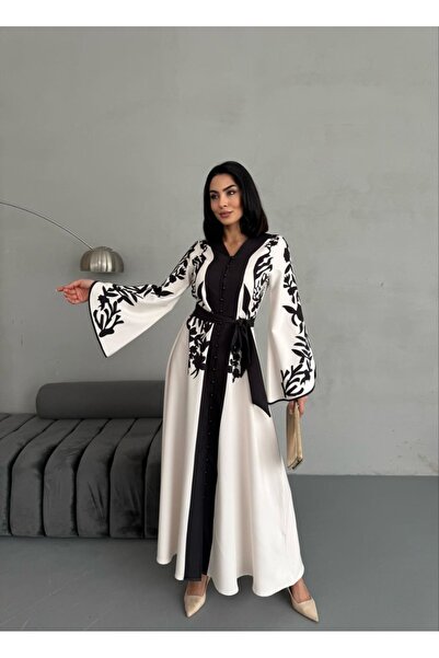 MSN Atlas Fabric Handkerchief Sleeve Floral Patterned Dress (Belt Included)-Black-Ww2507