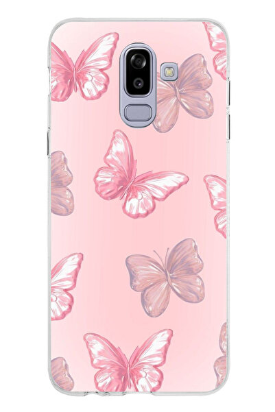 TechTree Samsung Galaxy J8 - A6 PLUS Uyumlu Pembe Kelebekler Şeffaf Silikon K...