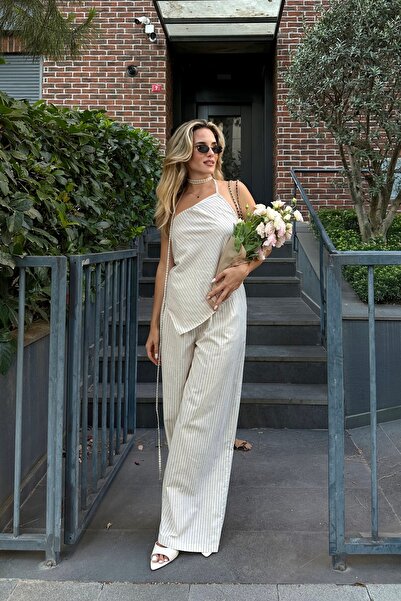 Laluvia Beige Asymmetrical Cut Striped Suit