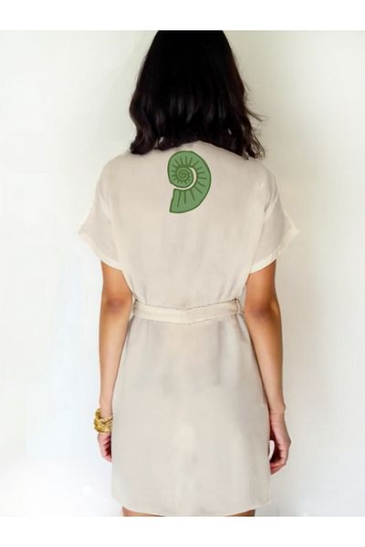 Kidilia Ecru Color Low Sleeve Muslin Kimono with Green Seashell Image