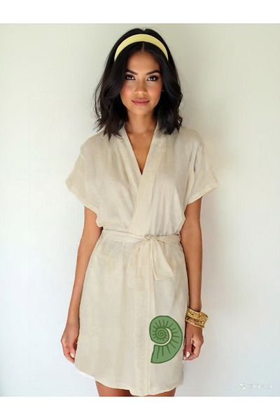 Kidilia Ecru Color Low Sleeve Muslin Kimono with Green Seashell Image