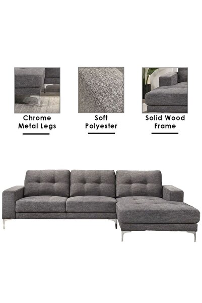 Danube Home Gilbert 3 Seater Fabric Right Corner Sofa - Grey L170xW99.5xH84cm
