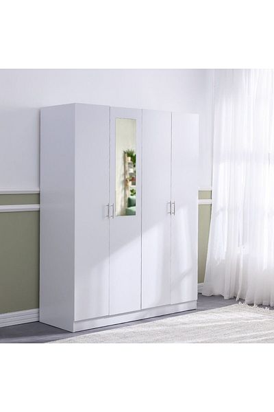 Danube Home Notis 4 Door Wardrobe with Drawer & Mirror - Gloss White L154.5xW56xH200cm