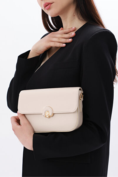 Cochines Women's Cream Lock Detailed Bag Long Strap Cross Hand and Shoulder Bag