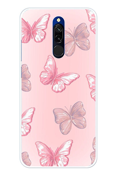 TechTree Redmi 8 Uyumlu Pembe Kelebekler Şeffaf Silikon Kılıf