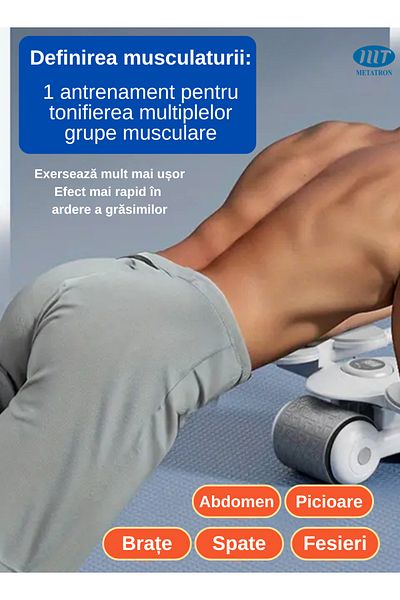 METATRON mT Aparat Fitness tip Roata pentru Abdomen cu 2 Role cu Revenire Automata si Covoras pentru genunchi