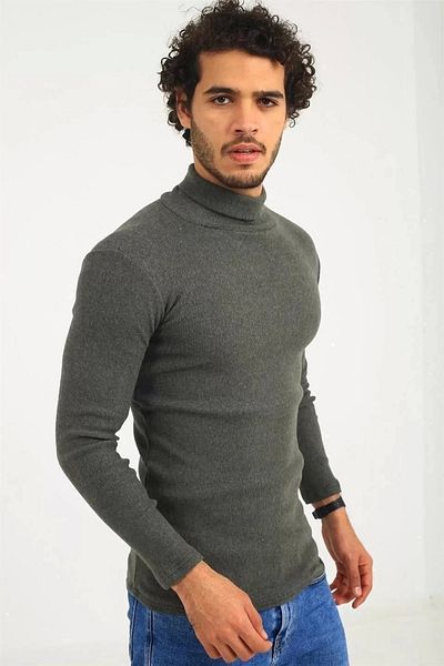 SuQ Men's Camisole Turtleneck Full Lycra Corded Body Sweater - Khaki