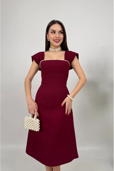 OLSAMODA Women's Atlas Fabric Midi Length Wedding Engagement Promise Invitation Dress with Pearl Detail at the Collar
