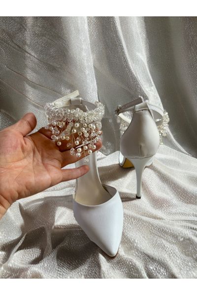 Felisya Butik Wedding Dress Shoes with Pearl Stone Detail on the Ankle 10cm