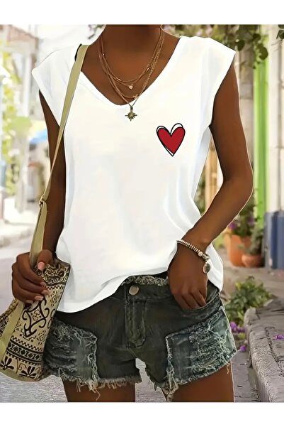 FUFLUNS تي شيرت نسائي كبير الحجم بدون أكمام مطبوع عليه قلب أحمر