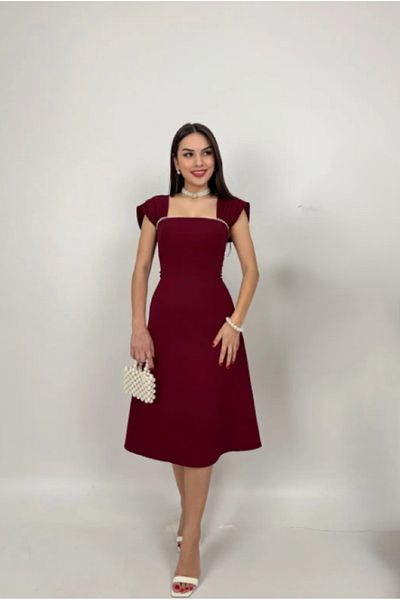 OLSAMODA Women's Atlas Fabric Midi Length Wedding Engagement Promise Invitation Dress with Pearl Detail at the Collar