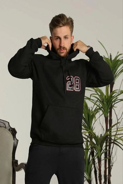 SuQ Men's Back Printed Oversize Three Thread Hooded Sweatshirt - Black