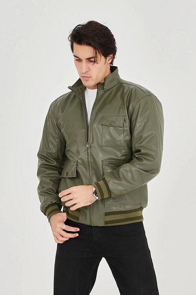 SuQ Men's Zippered Fiber and Lined Faux Leather Jacket - Dark Green