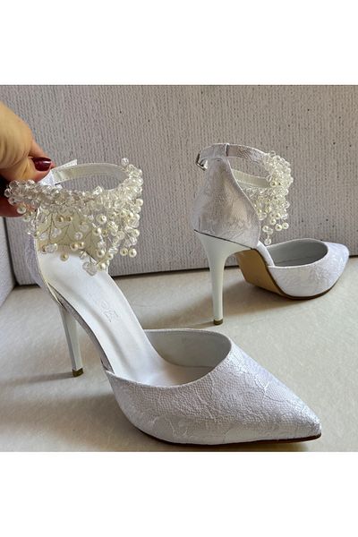 Felisya Butik Wedding Dress Shoes with Pearl Stone Detail on the Ankle 10cm