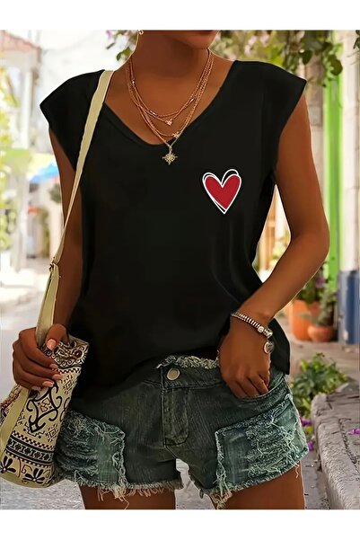 FUFLUNS تي شيرت نسائي كبير الحجم بدون أكمام مطبوع عليه قلب أحمر