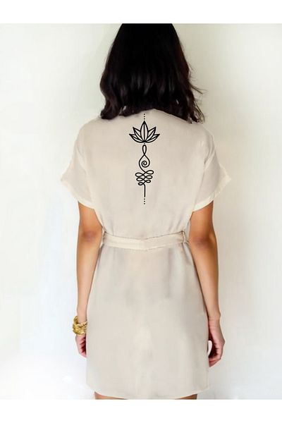 Kidilia Ecru Color Low Sleeve Muslin Kimono with Lotus and Unalome Images
