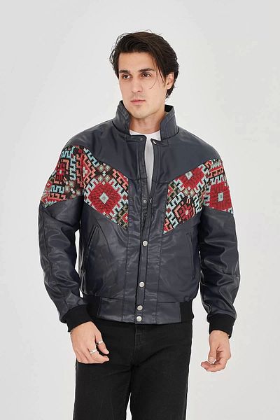 SuQ Men's Lined Inner Collar Plush Artificial Fabric Vintage Jacket - Navy Blue