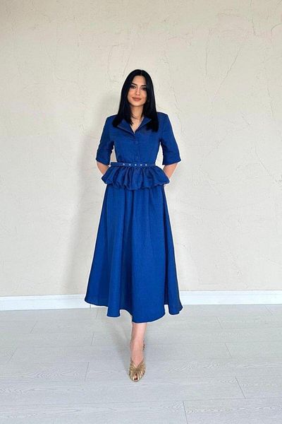 modamtn Navy Blue Thin Belted Ruffle Jacket and Gathered Skirt Set