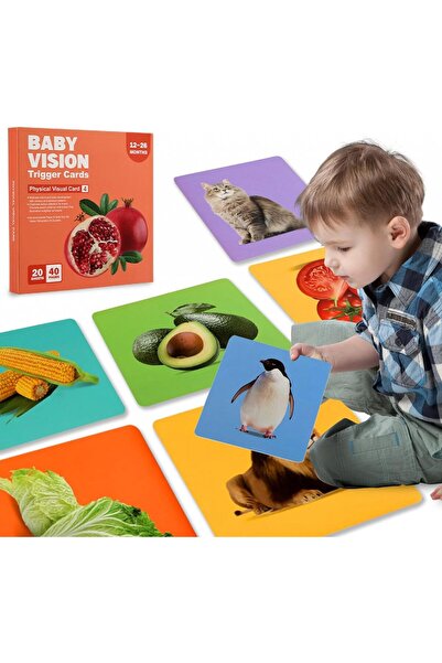 Junios Set 40 imagini stimulare vizuala si cognitiva bebelusi, carduri color cu imagini, 1-3 ani