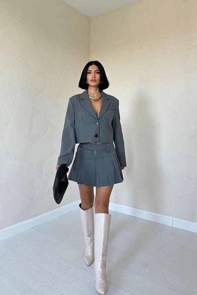 modamtn Gray Bomber Jacket and Pleated Skirt Set