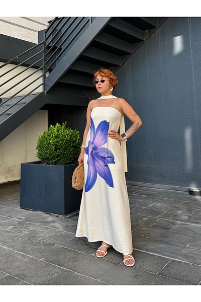 Bak'ap Premium Zipper Lily Flower Patterned Long Strapless Dress with Scarf