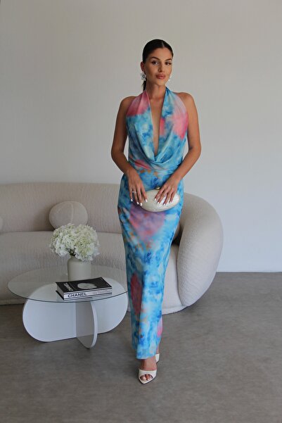 Julidress Degaje Yaka Sırt Dekolteli Desenli Astarlı Premium Şifon Tül Elbise