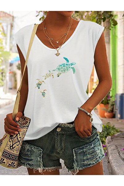 FUFLUNS TRICOU FĂRĂ MÂNECI OVERSIZE DE DAMĂ CU IMPRIMEU TURTLE