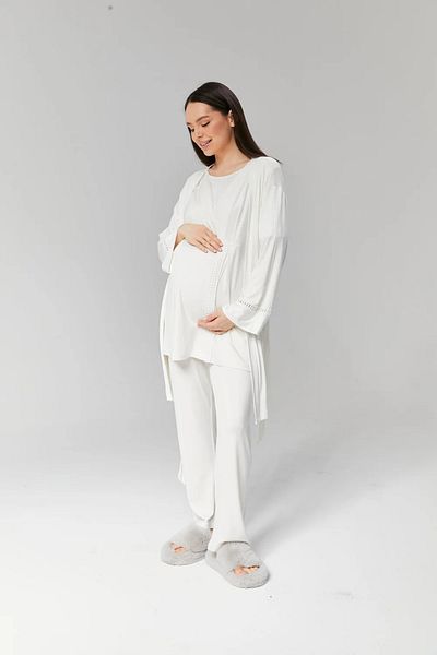 Lohussa Women's Ecru Special Design 100% Cotton Summer Maternity Maternity Dressing Gown Pajama Set Set