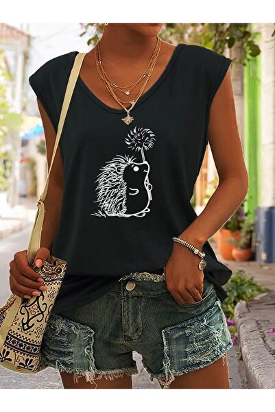 FUFLUNS Oversize Sleeveless T-Shirt with Crow Print for Women
