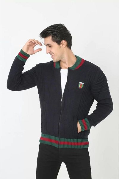SuQ Men's Full Zip Knitwear Cardigan - Navy Blue